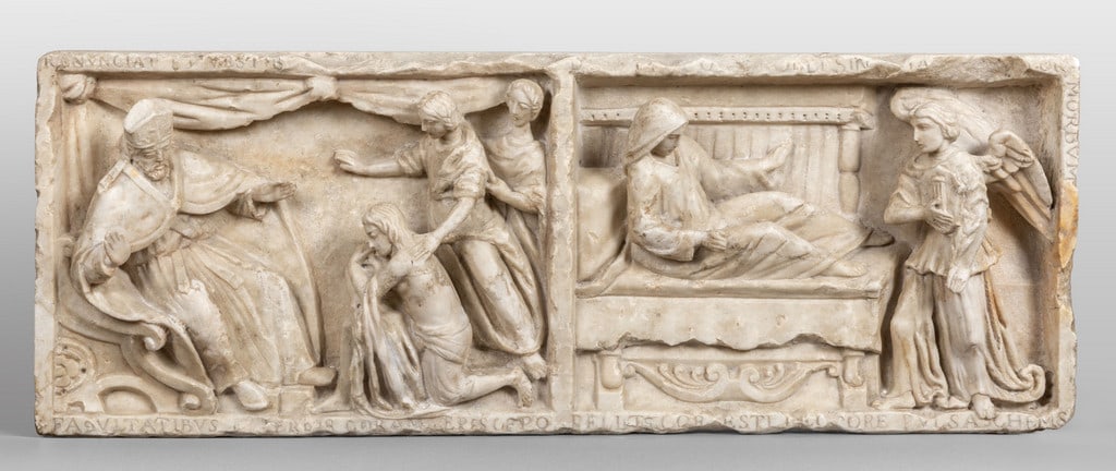 Scena religiosa, altorilievo in marmo statuario,: Scena religiosa, altorilievo in marmo statuario, Italia Meridionale metà sec.XVI cm. 78x29