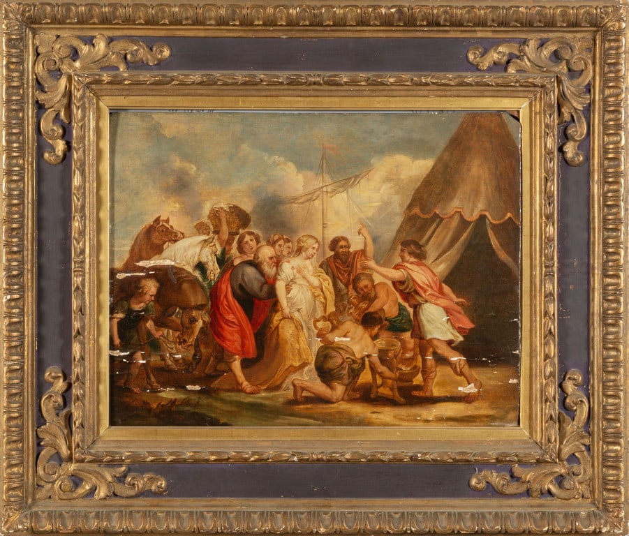 Scuola fiamminga sec.XVIII "Scena biblica" olio: Scuola fiamminga sec.XVIII "Scena biblica" olio su tavola (piccole cadute di colore) cm. 64x50
