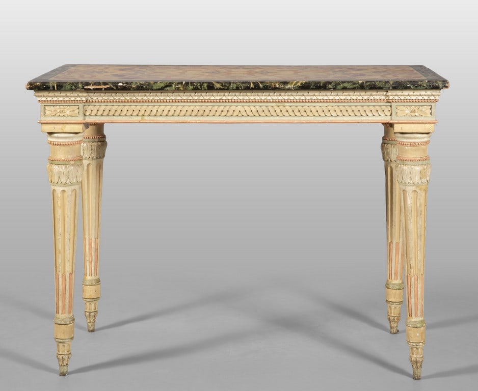 Console Luigi XVI in legno intagliato e laccato,: Console Luigi XVI in legno intagliato e laccato, piano in legno dipinto a finto marmo, Lombardia sec.XVIII cm. 124x60 h. 88