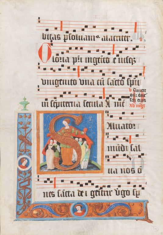 Lettera S con figure, miniatura su pergamena, (1 of 2)