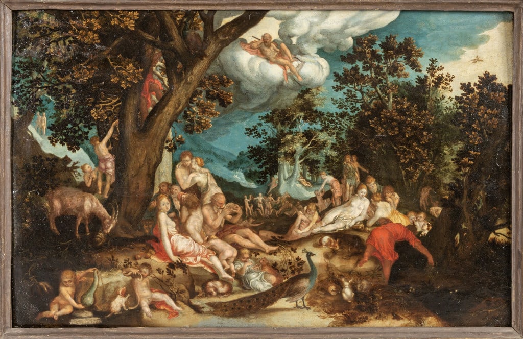 Scuola fiamminga sec. XVII "The Golden: Scuola fiamminga sec. XVII "The Golden Age" olio su tavola cm.70x45 d.to 1616 in b. a sn. Il dipinto raffigura l'Età dell'Oro, mito della felicità primigenia dell'umanità tramandato da Esiodo e rip