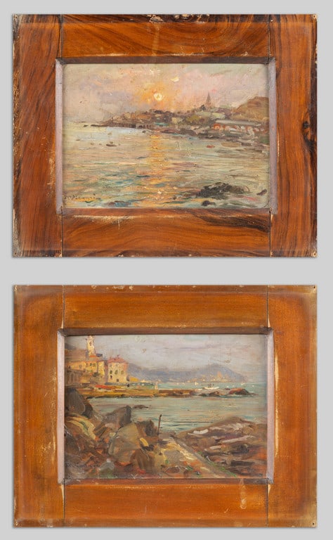 Scuola genovese sec.XX Paesaggi della costiera: Scuola genovese sec.XX Paesaggi della costiera ligure coppia di olii su tavoletta f.ti in b. a ds. cm.19x14, cm.tot.27,5x22