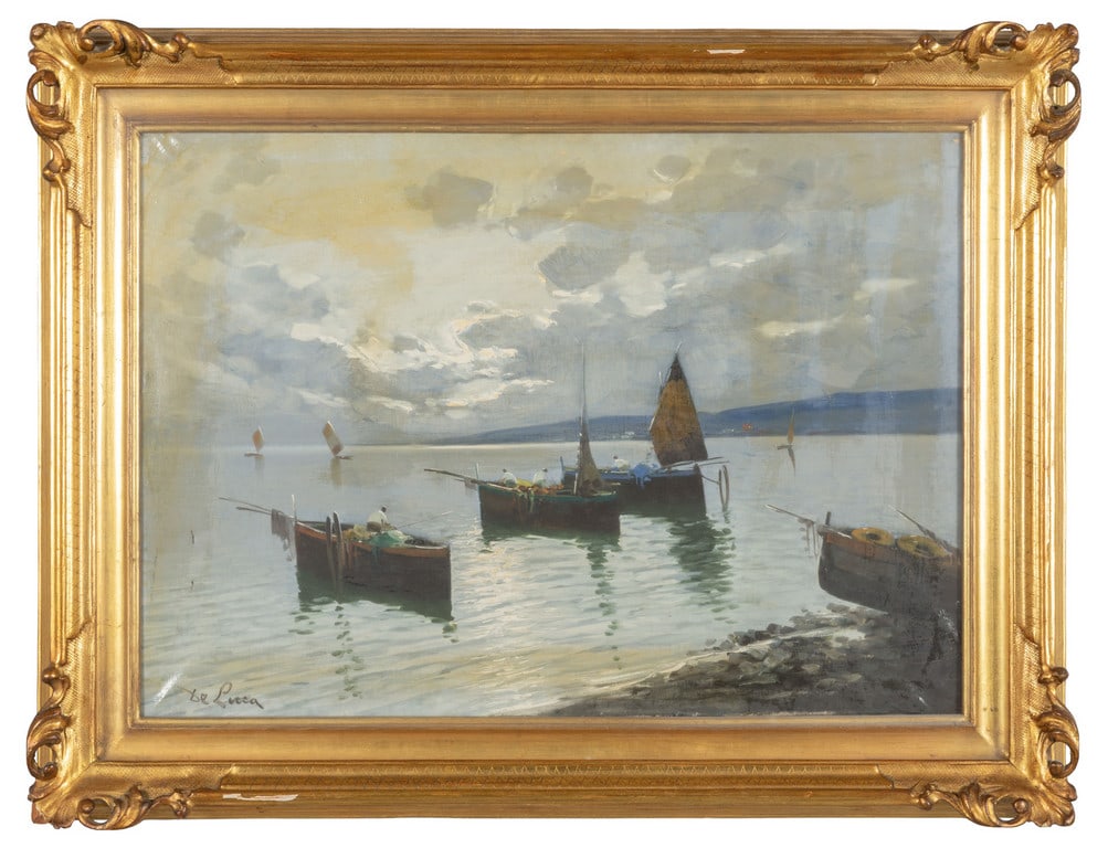 ARTURO DE LUCA (1855-1971) Pescatori in: ARTURO DE LUCA (1855-1971) Pescatori in mare olio cm.67x47 f.to in b. a s.