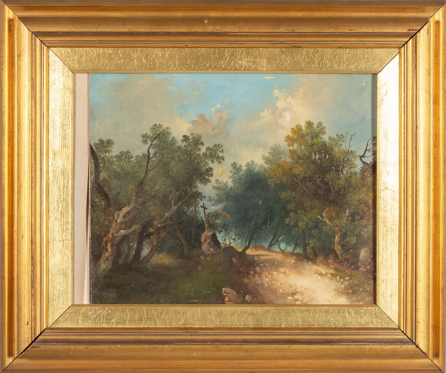 Scuola italiana sec.XIX Paesaggio olio su: Scuola italiana sec.XIX Paesaggio olio su tavoletta cm. 47x35