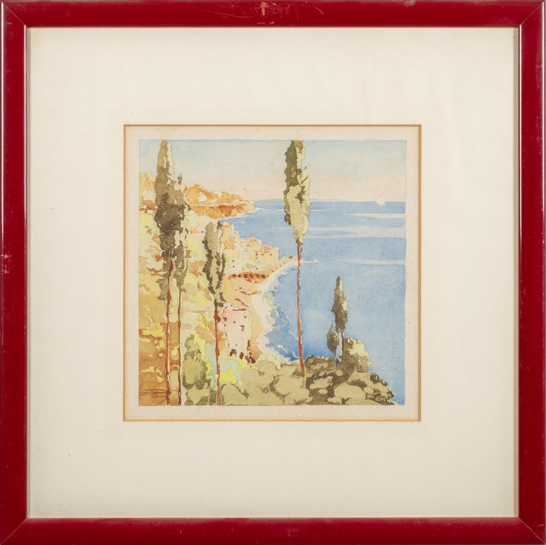 AURELIO CRAFFONARA (1875-1945) Veduta: AURELIO CRAFFONARA (1875-1945) Veduta costiera acquarello cm.26x26 f.to in b.a s.