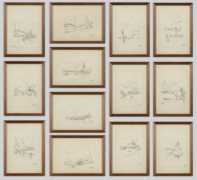 CARLO MUSSO (1907-1968) Paesaggi: CARLO MUSSO (1907-1968) Paesaggi montani tredici disegni cm.15x21 f.ti