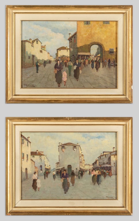 TELESFORO FRANCHINO (1892-1964) Strade: TELESFORO FRANCHINO (1892-1964) Strade veneziane coppia di olii su masonite cm.38x28 f.ti a ds.