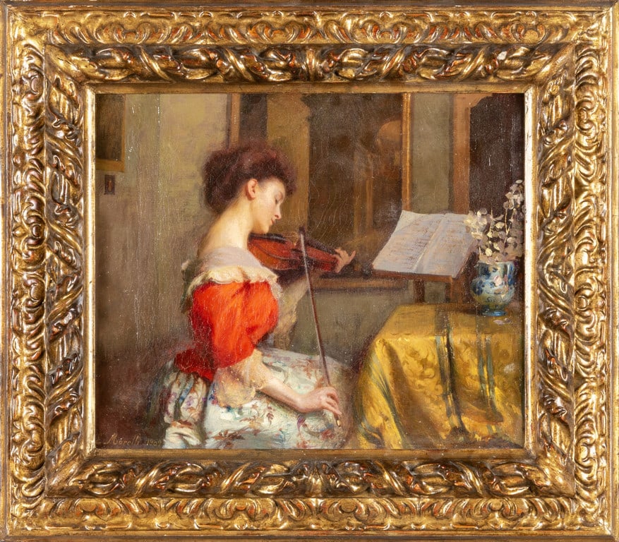 ENNIO MORELLI (1874-1941) Ritratto della: ENNIO MORELLI (1874-1941) Ritratto della signorina D.M. olio cm.36x30 f.to in b. a s. e d.to 1909 esposto alla promotrice di belle arti di Torino nel 1909
