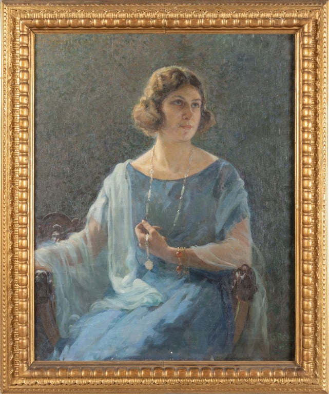 GINO ROSSI (1884-1947) Signora in: GINO ROSSI (1884-1947) Signora in azzurro olio cm.70x100 f.to in b. a ds. e d.to 1922