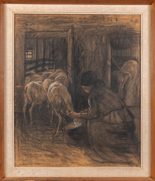 ESO PELUZZI (1894-1985) La mungitura delle: ESO PELUZZI (1894-1985) La mungitura delle capre disegno cm.70x86 f.to in b. a s. e d.to 1924