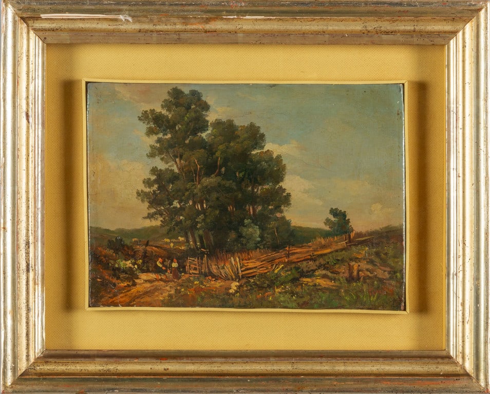 Scuola italiana sec.XIX Paesaggio con: Scuola italiana sec.XIX Paesaggio con personaggi olio cm. 35x24