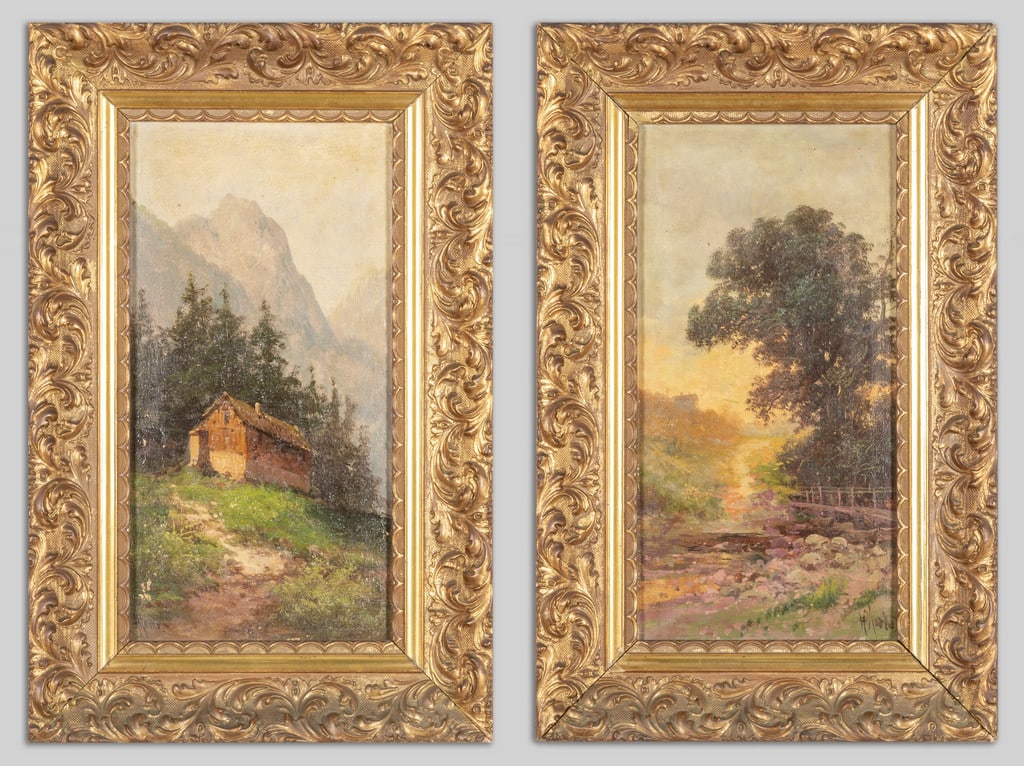 HENRY MARKO' (1855-1921) Paesaggi di: HENRY MARKO' (1855-1921) Paesaggi di campagna coppia di olii cm.21x42 f.ti in b.a ds. e a s.