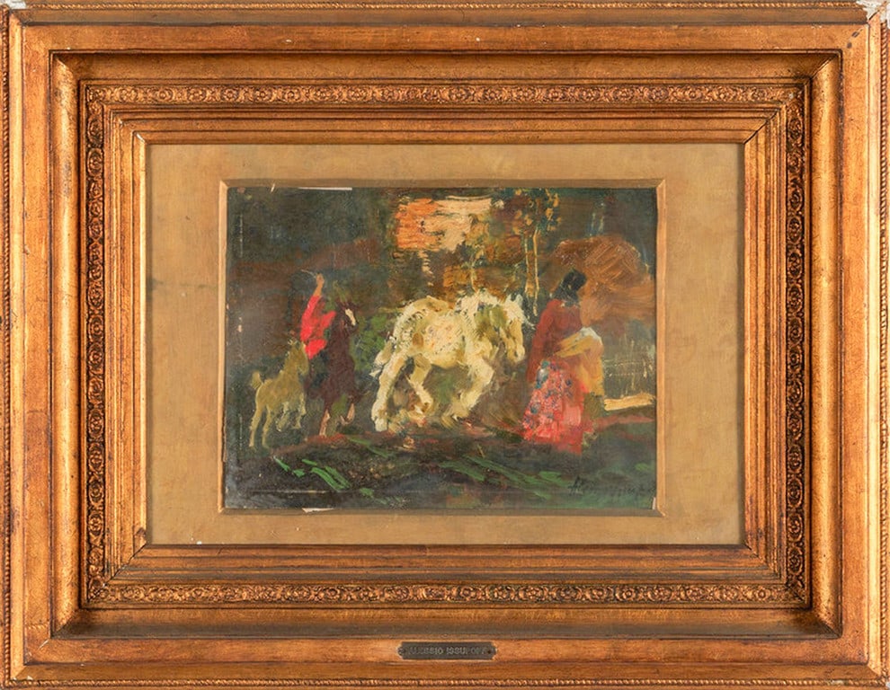 ALESSIO ISSUPOFF (1889-1957) Cavallo: ALESSIO ISSUPOFF (1889-1957) Cavallo bianco olio su cartone cm.31x24 f.to in b. a ds. nel retro biglietto da vista dell'artista