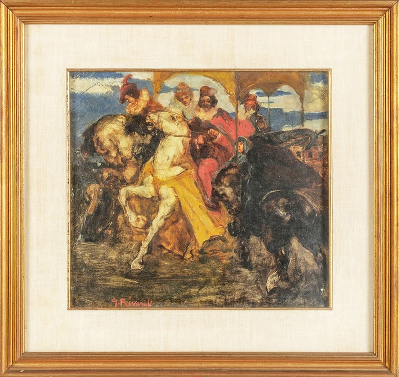 GIUSEPPE RIVAROLI (1885-1943) Cavaliere: GIUSEPPE RIVAROLI (1885-1943) Cavaliere medioevale olio su tavola cm.33x30 f.to in b. a s.