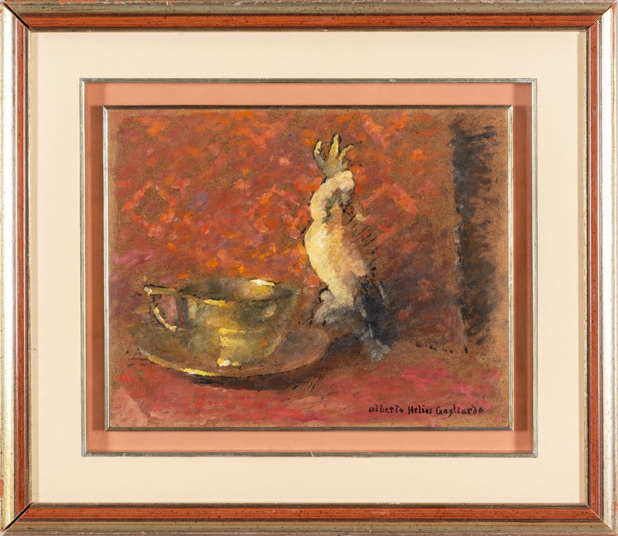 ALBERTO HELIOS GAGLIARDO (1893-1987) Tazza: ALBERTO HELIOS GAGLIARDO (1893-1987) Tazza con pappagallo olio su faesite f.to in b. a ds.