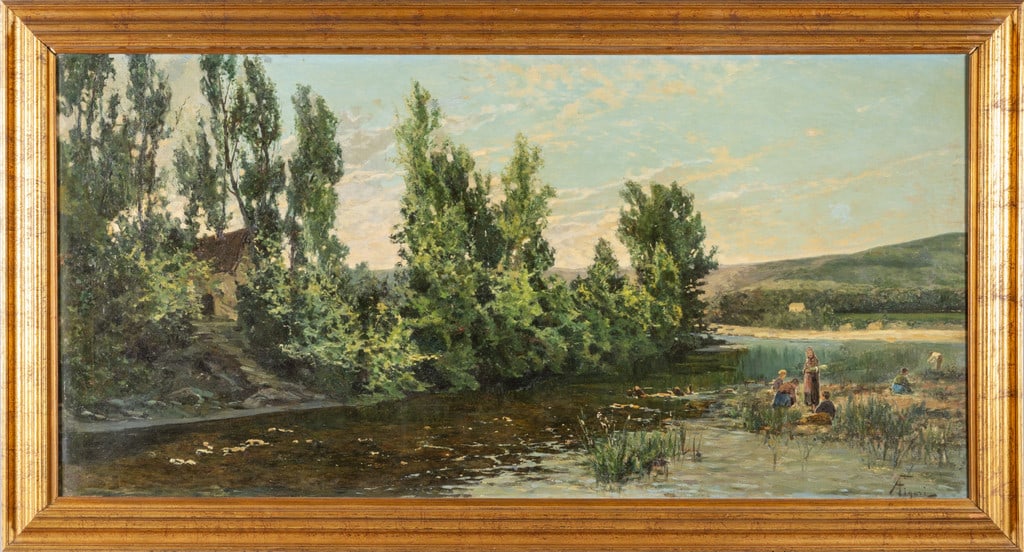 ANDREA FIGARI (1858-1945) Bambini in riva al: ANDREA FIGARI (1858-1945) Bambini in riva al fiume olio cm.140x70 f.to in b. a ds.