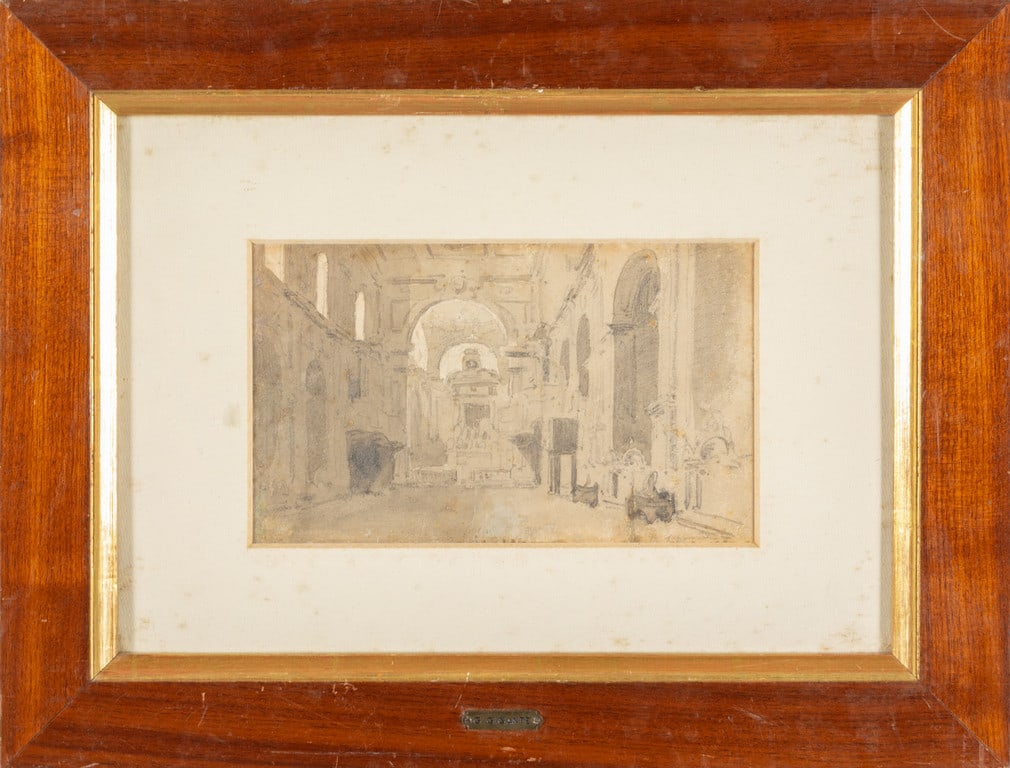 GIACINTO GIGANTE (1806-1876) Interno di: GIACINTO GIGANTE (1806-1876) Interno di Chiesa disegno cm.22x13 f.to in b. a ds.
