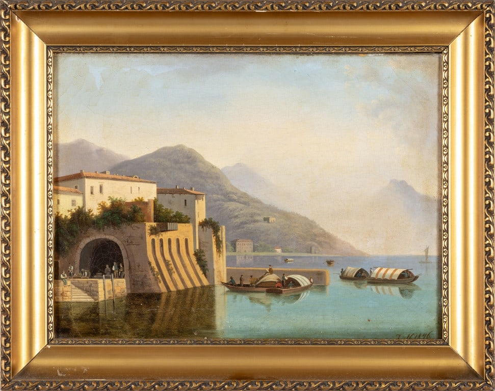 Veduta di lago olio cm. 41x30 monogrammato: Veduta di lago olio cm. 41x30 monogrammato F.N. e d.to 1846