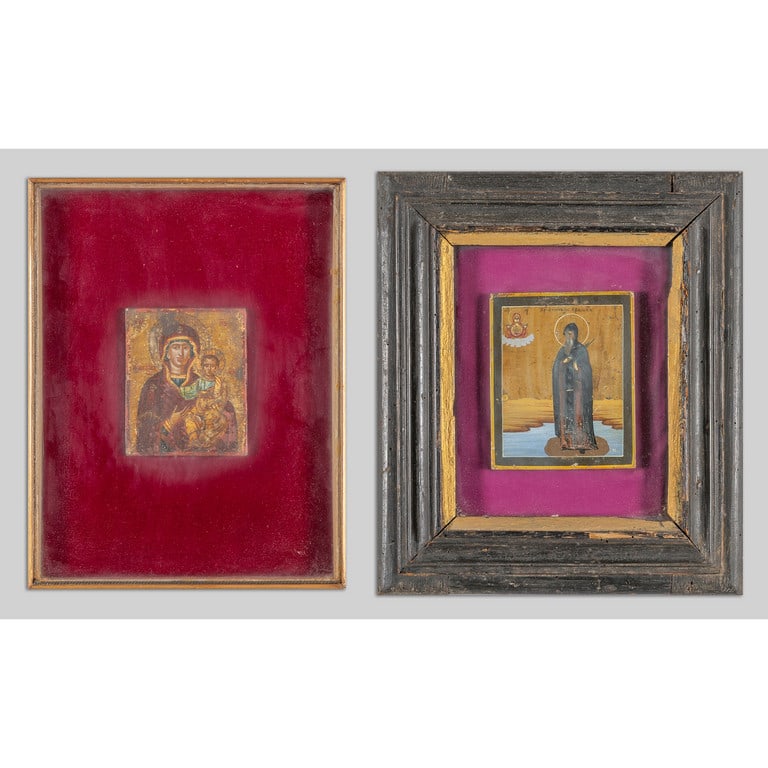 "Madonna" e "Santo" due icone,: "Madonna" e "Santo" due icone, sec.XIX cm.10x12 e 10x13