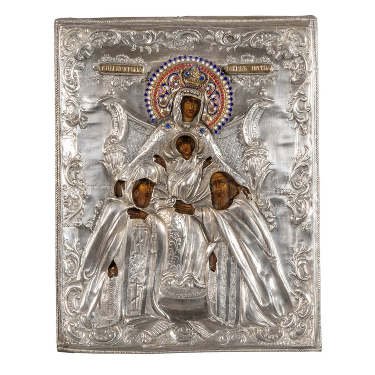 Vergine con Santi, icona con riza in metallo: Vergine con Santi, icona con riza in metallo argentato, Russia sec.XIX cm.28x35
