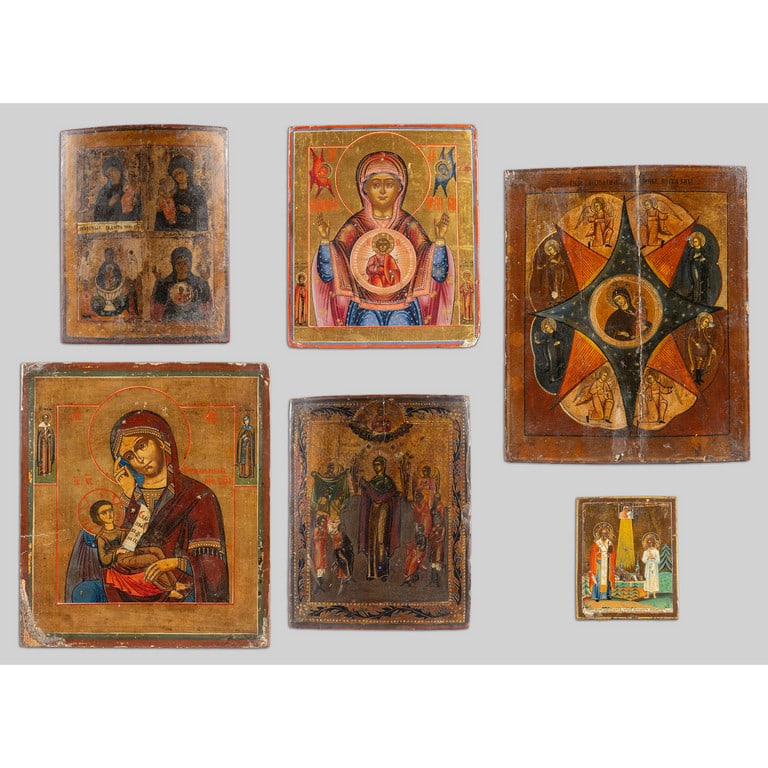 Lotto di sei icone russe di varie forme e misure, (1 of 9)