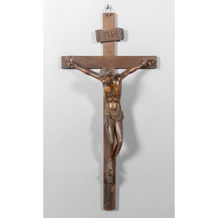 Cristo in Croce, scultura in legno policromo,: Cristo in Croce, scultura in legno policromo, sec.XVIII cm. 32x44, cm.tot.34x68