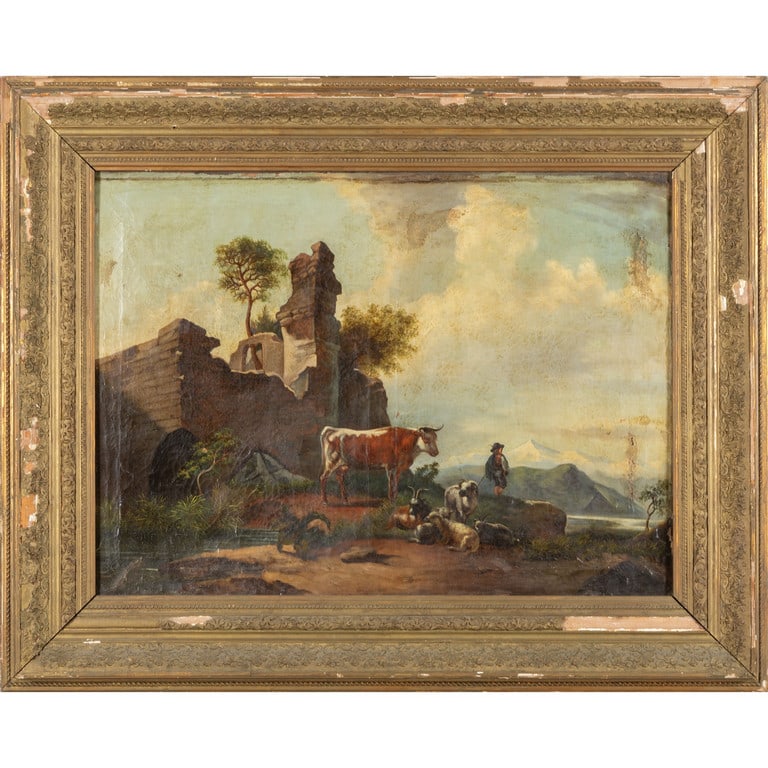 Scuola romana sec.XIX "Paesaggio con figure ed: Scuola romana sec.XIX "Paesaggio con figure ed armenti" olio cm. 100x72, mancanze