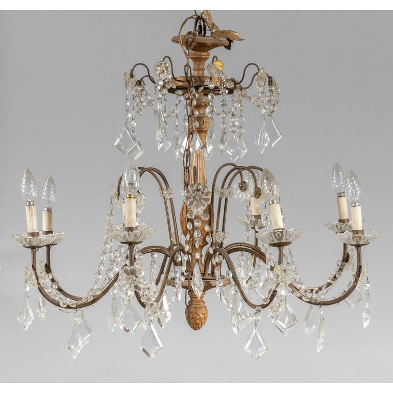 Lampadario a otto luci, fusto in legno dorato, (1 of 1)