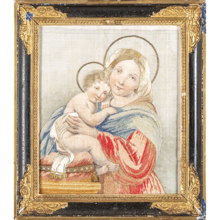Madonna con Bambino, ricamo su seta con fili (1 of 1)
