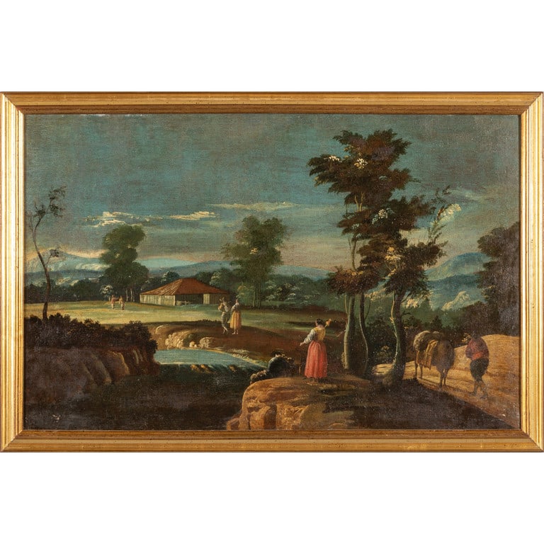 Scuola veneta sec.XVIII "Paesaggio con fiume": Scuola veneta sec.XVIII "Paesaggio con fiume" olio cm. 95x60
