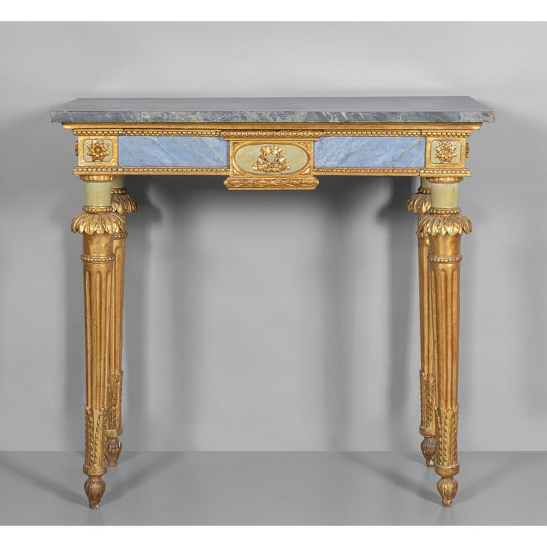 Console Luigi XVI in legno intagliato. dorato e: Console Luigi XVI in legno intagliato. dorato e policromato, piano in marmo, Genova sec.XVIII cm. 104x54 h. 100