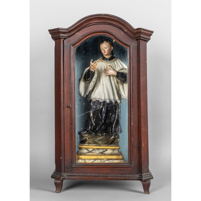 Vetrinetta Luigi XIV in legno, all'interno: Vetrinetta Luigi XIV in legno, all'interno scultura in legno policromo raffigurante un santo, Genova sec.XVIII h.cm.55