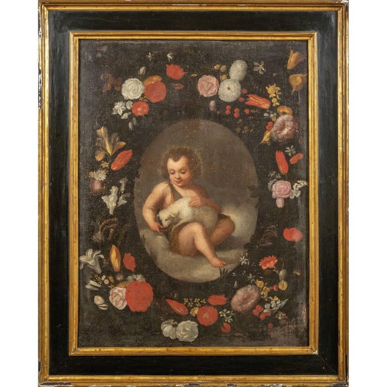 Scuola italiana sec.XVII "San Giovannino: Scuola italiana sec.XVII "San Giovannino circondato da fiori" olio, cornice a cassetta coeva in legno dorato ed ebanizzato cm. 73x98