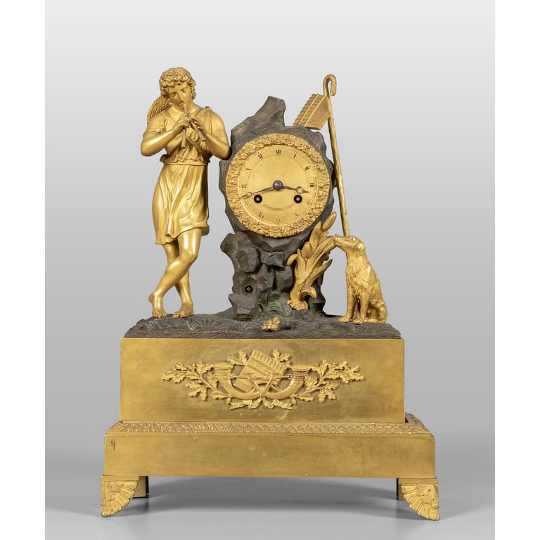 Orologio in bronzo dorato con fauno e cagnolino, (1 of 3)