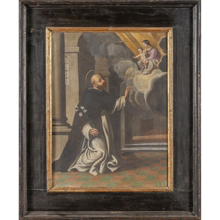 Scuola toscana sec.XVII "Scena religiosa" olio,: Scuola toscana sec.XVII "Scena religiosa" olio, cornice coeva in legno con profilo dorato cm. 41x55, cm.tot.64x77