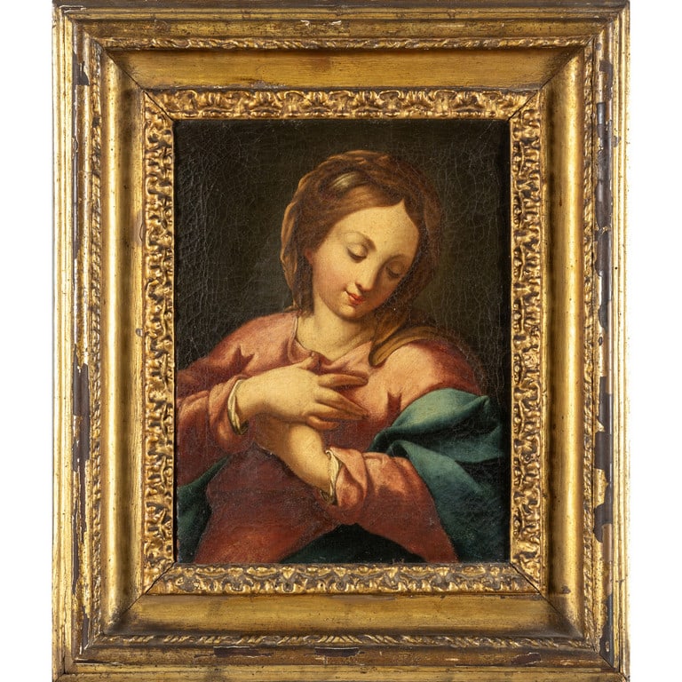 Scuola emiliana sec.XVIII "Madonna" olio, cornice: Scuola emiliana sec.XVIII "Madonna" olio, cornice coeva cm. 27x38, cm.tot.48x56