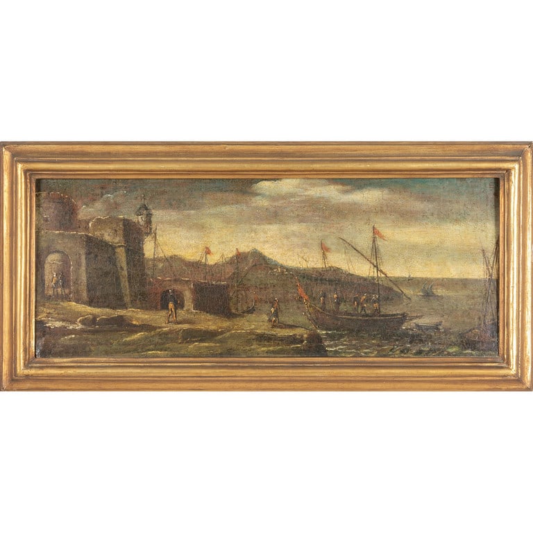 Scuola italiana sec.XVII "Paesaggio costiero: Scuola italiana sec.XVII "Paesaggio costiero animato da figure" olio cm. 58x22