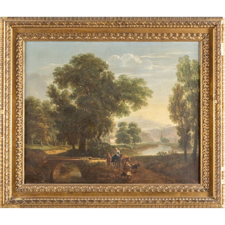 Scuola veneta fine sec.XVIII "Paesaggio animato: Scuola veneta fine sec.XVIII "Paesaggio animato con figure" olio cm. 70x57