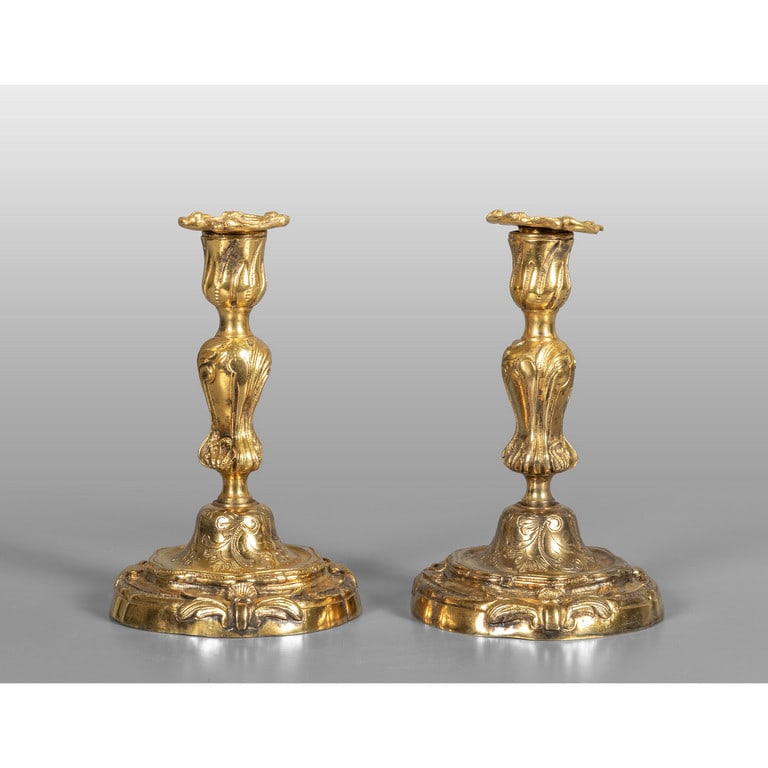 Coppia di candelieri in bronzo dorato, (1 of 1)