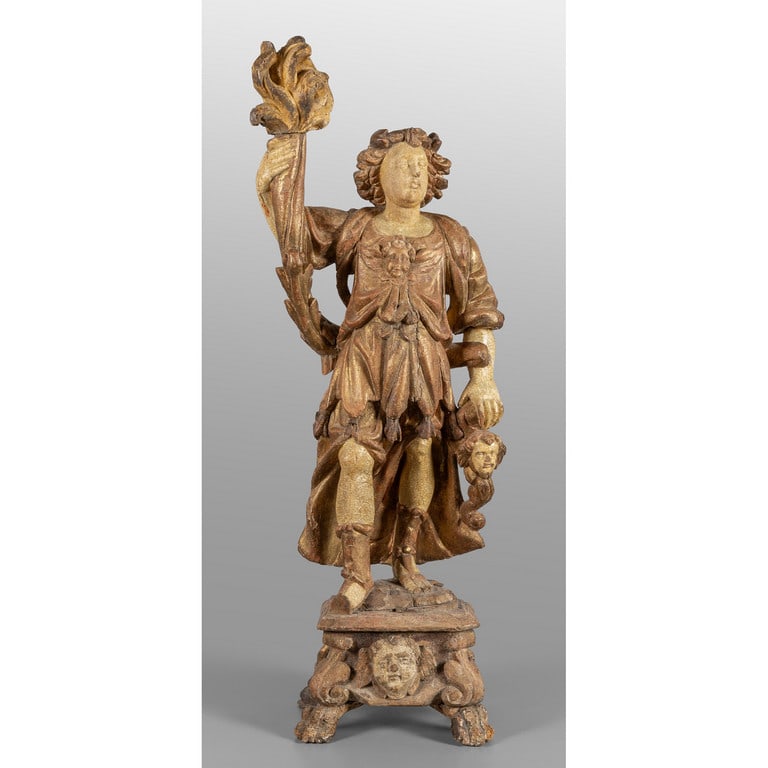 Angelo portacero in legno finemente intagliato e: Angelo portacero in legno finemente intagliato e dorato, sec.XVIII h.cm.110