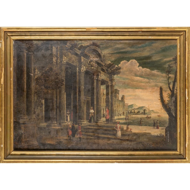 Scuola veneta sec.XVII "Paesaggio con: Scuola veneta sec.XVII "Paesaggio con architetture animato da figure" olio cm. 163x110, restauri