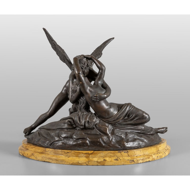 Amore e Psiche, scultura in bronzo a patina: Amore e Psiche, scultura in bronzo a patina scura, base in marmo coeva, inizi sec.XIX cm. 48x24 h. 40