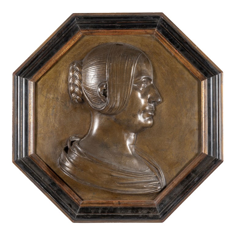 Profilo della Marchesa Barblani, altorilievo in: Profilo della Marchesa Barblani, altorilievo in rame d.to 1848, cornice in legno cm. 42x42