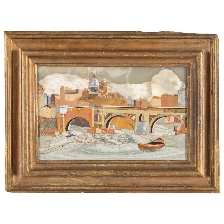 Paesaggio con ponte, commesso in marmi policromi: Paesaggio con ponte, commesso in marmi policromi in cornice in legno, sec.XIX cm. 35x25