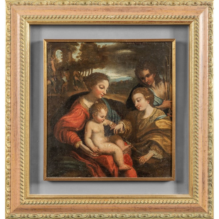 Scuola italiana sec.XIX "Matrimonio mistico di: Scuola italiana sec.XIX "Matrimonio mistico di Santa Caterina d'Alessandria alla presenza di San Sebastiano" olio su tavola cm. 30x32