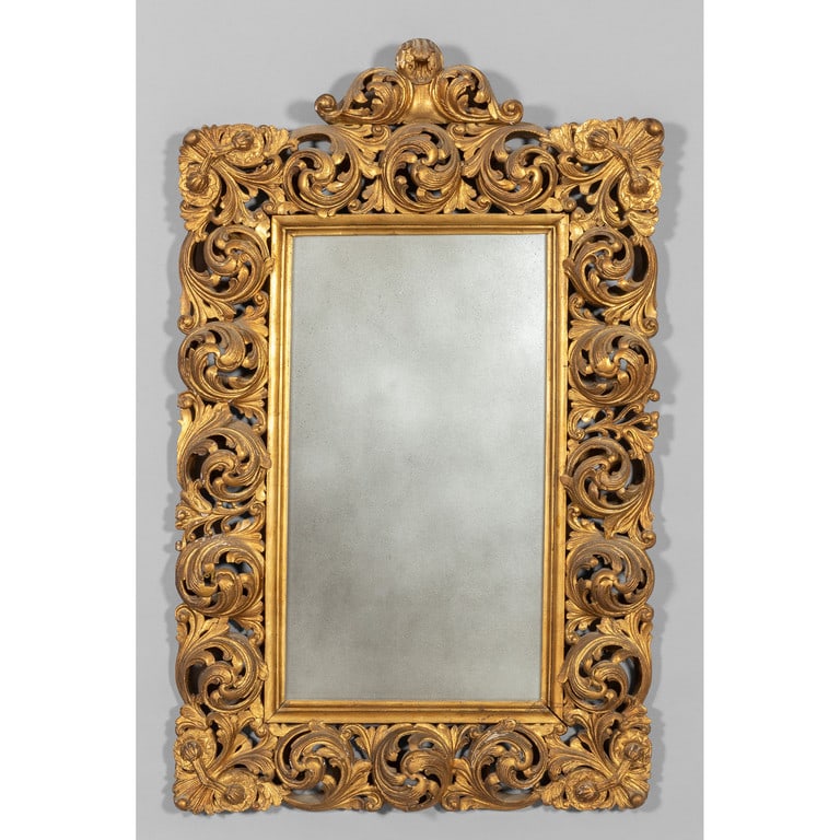Specchiera in legno intagliato e dorato, inizi: Specchiera in legno intagliato e dorato, inizi sec.XX cm. 85x137, difetti