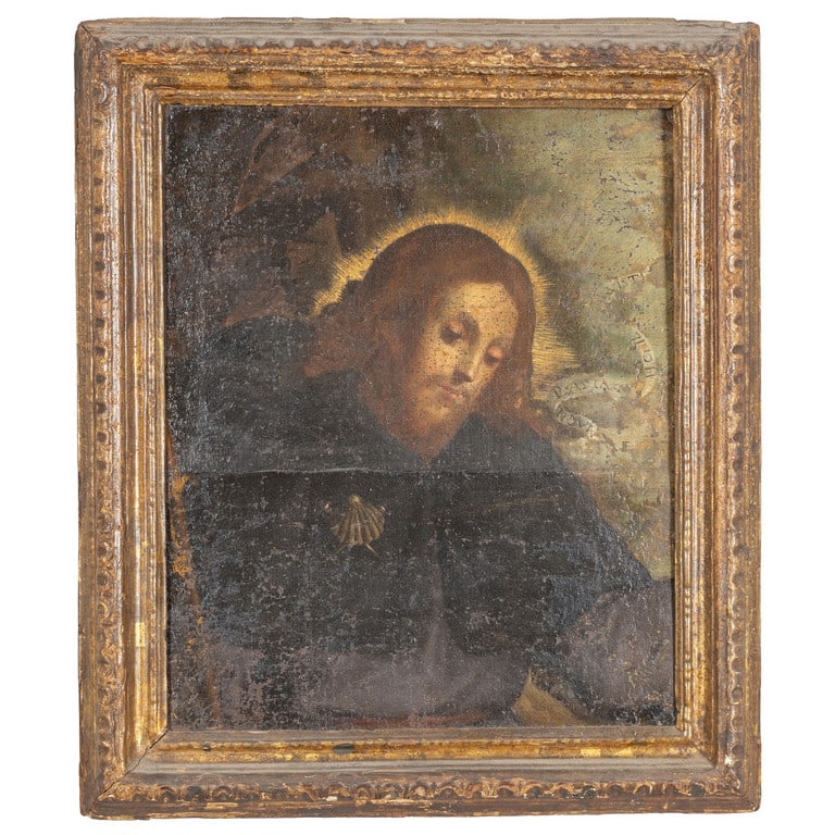Scuola veneta sec.XVII "San Rocco" olio, cornice: Scuola veneta sec.XVII "San Rocco" olio, cornice coeva in legno intagliato e dorato cm. 35x40