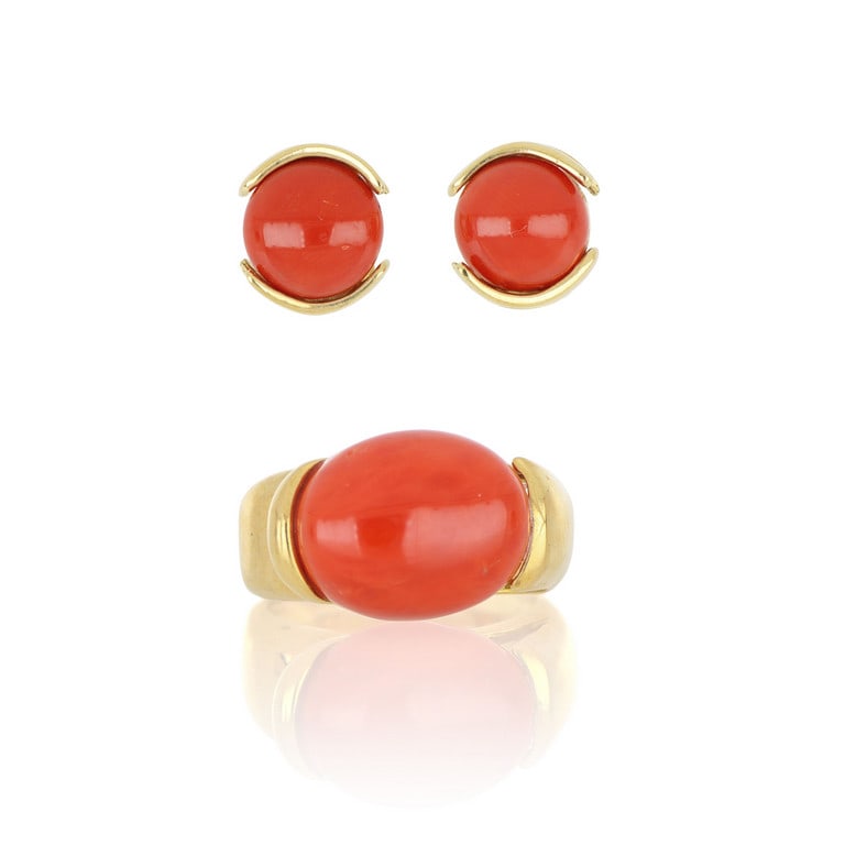 Demi-parure in oro giallo e corallo rosso, (1 of 1)