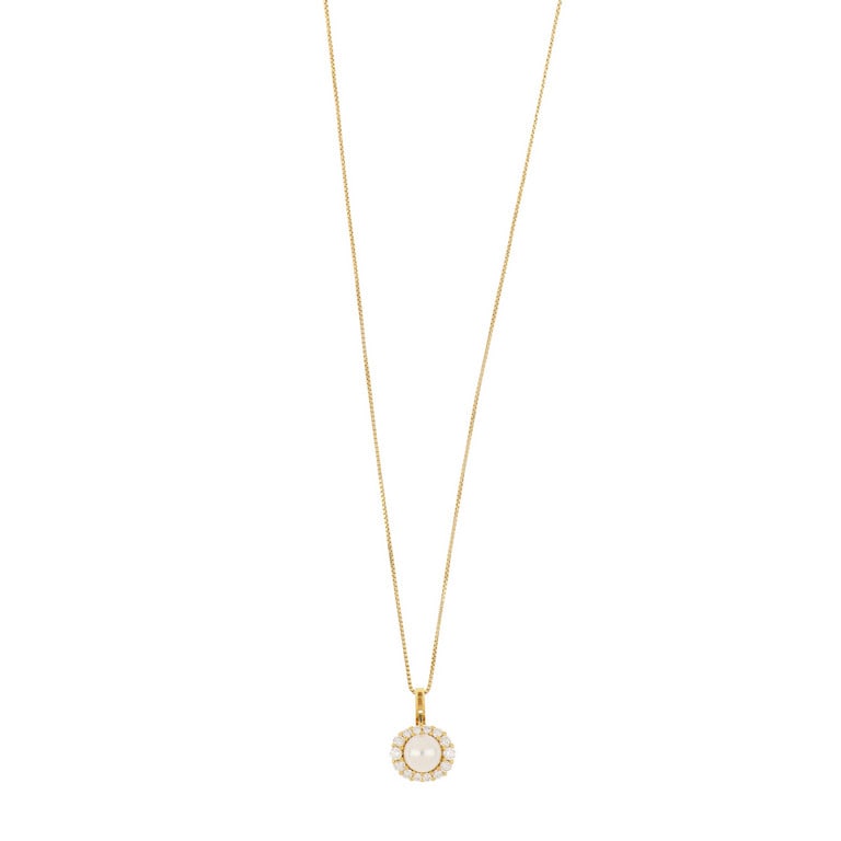 Collana in oro giallo, al centro un ciondolo con: Collana in oro giallo, al centro un ciondolo con perla giapponese coltivata di 7,75 mm di diametro, contornata di 18 diamanti taglio brillante per ct. 0,50 ca. Lunghezza 40 cm. Peso 5,40 g.