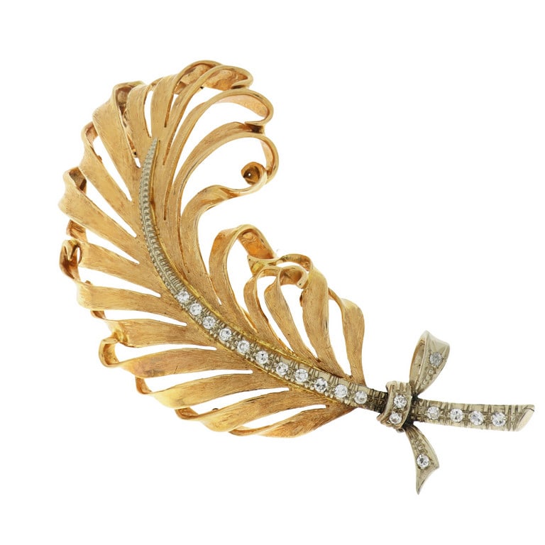 Spilla in oro rosso a forma di piuma con piccoli (1 of 1)
